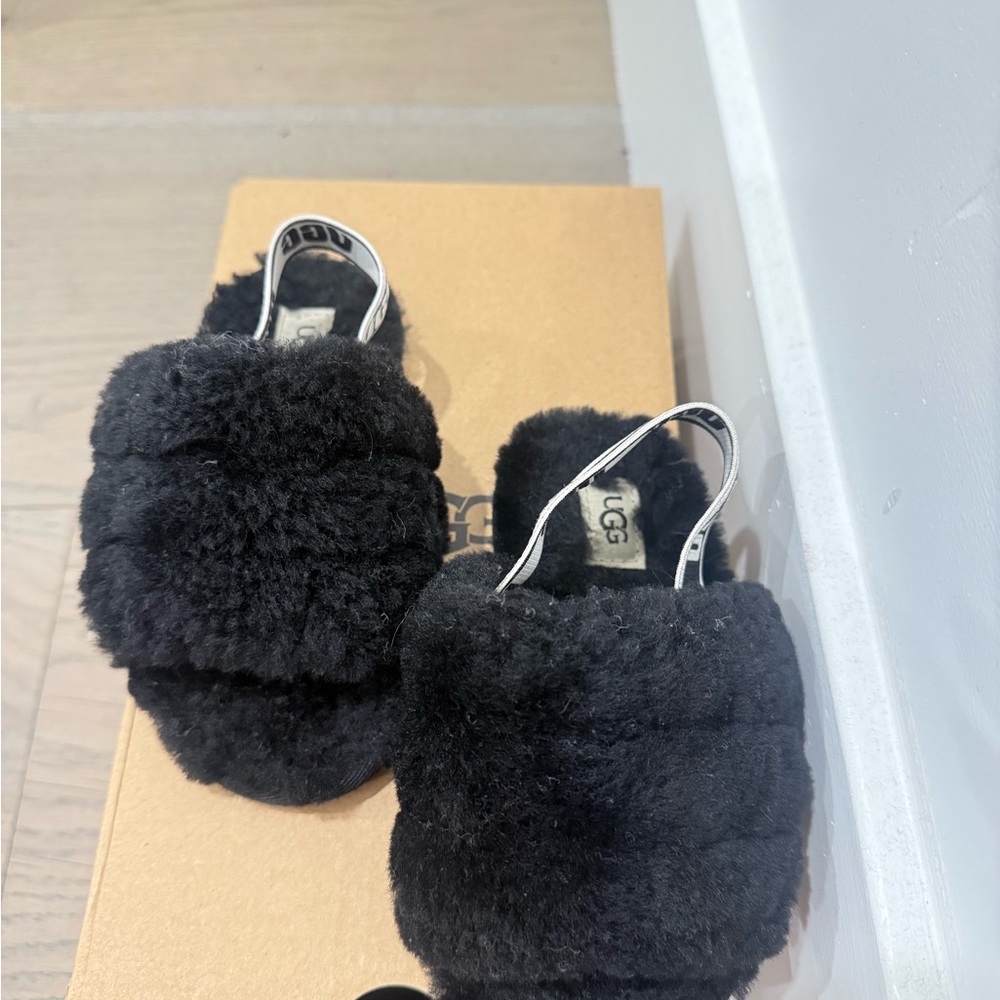 UGG Kids Black Fluffy Slippers